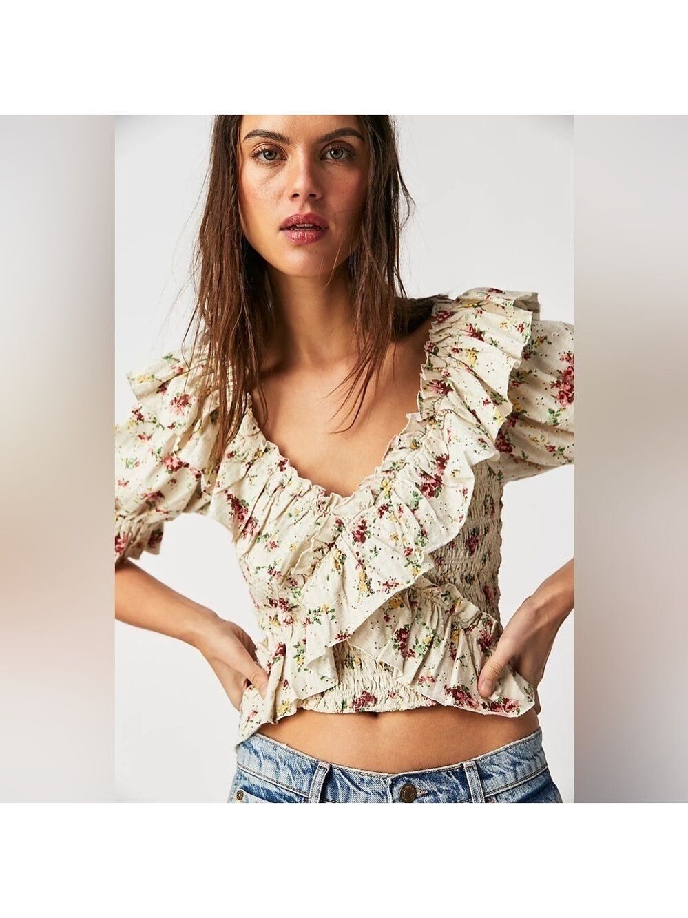 NWT Free People Favorite Girl Top 
Tea Combo Cream Floral 
Size Medium